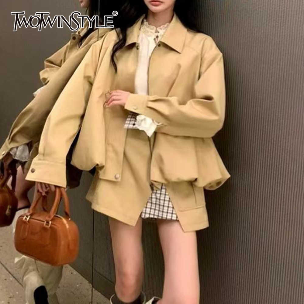 Winter Clothing Color - TWOTWINSTYLE Khakl Spliced Pocket Two Piece