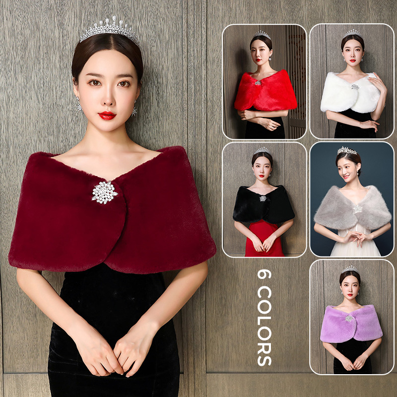 Winter Clothing Color - Women Bridal Shawl Wedding Cape Faux