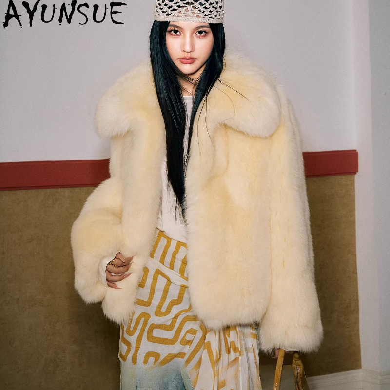 Yellow Winter Clothing - AYUNSUE Real Fox Fur Coats Woman