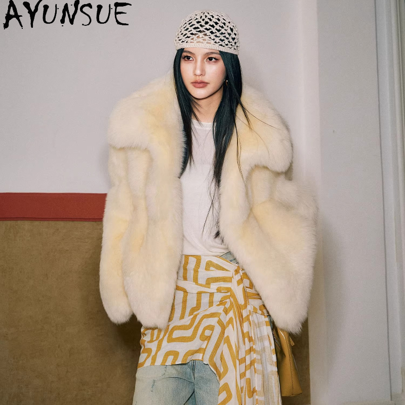 AYUNSUE Real Fox Fur Coats Wom - Yellow Winter Clothing review and price