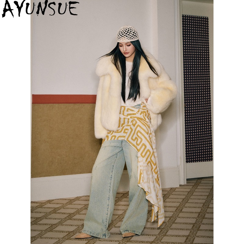 AYUNSUE Real Fox Fur Coats Wom - Yellow Winter Clothing review and price